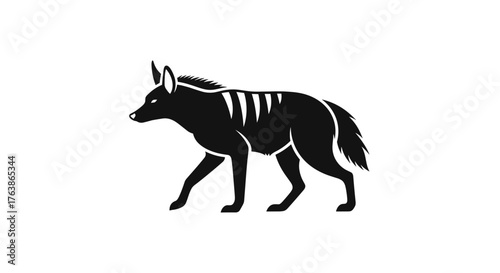 Striped Hyena Walking Side View Black and White Illustration.