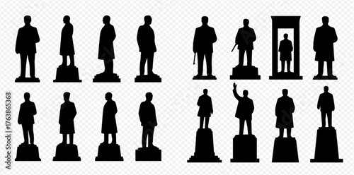 Silhouetted statues of men in various poses and styles, some on pedestals.