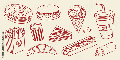 A fun red-outline illustration of popular fast food and snacks, including a donut, hamburger, ice cream cone, coffee cup, fries, soda, pizza slice, sandwich, hot dog, croissant, and popsicle.