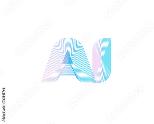 AI Logo Design, 3D Holograph Futuristic Cyberpunk App Button, Artificial Intelligence Logotype In Blue Pink Line Colors. Vector Illustration.