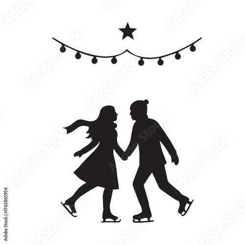 Silhouettes of a couple ice skating hand in hand under festive lights