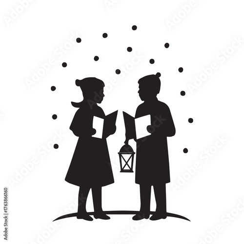 Children singing carols by lantern light in the snow