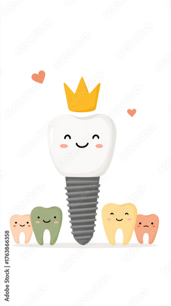 Fototapeta premium Cute crown character with smiling dental friends for dental care design