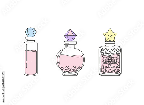 A collection of vintage fairytale vials and bottles, featuring magical potions, decorative stars with sparkling glitter, and premium shiny liquid elixirs or poisons