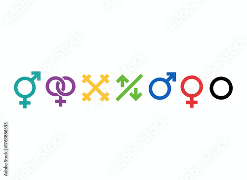 Isolated representations of various genders, an LGBTQ rainbow set, including transgender, non-binary, agender, androgyne, and genderqueer symbols, illustrating concepts of homosexuality, lesbianism