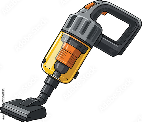 Handheld cordless vacuum cleaner with orange and black design for home cleaning and dust removal vector illustration 