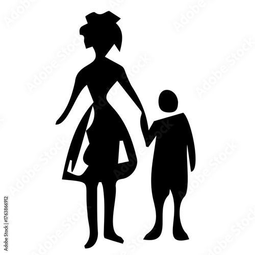 Mother with child, two sketchy silhouettes in black color