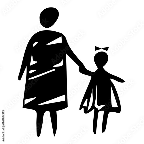 Mother with daughter, two sketchy silhouettes in black color