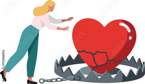 Woman approaching broken heart trapped in metal bear trap symbolizing emotional danger and vulnerability vector illustration 