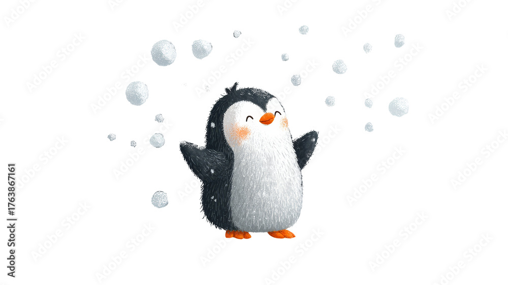 Fototapeta premium Cute penguin joyfully throwing snowballs in a playful winter scene, surrounded by soft snowflakes, evoking a sense of fun and happiness in a whimsical illustration. transparent background