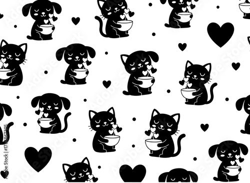 Illustration of a cute cartoon cat and dog sipping coffee or tea in a seamless vector pattern