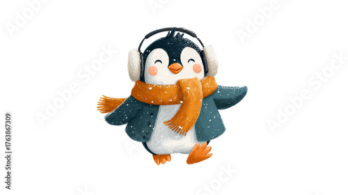Cute penguin illustration wearing headphones and an orange scarf, joyfully dancing in a snowy environment, capturing a playful winter spirit. transparent background