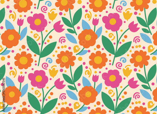 A continuous botanical flower pattern featuring playful floral doodles, simple nature shapes, a cool Fauvist-inspired background, and a trendy naive vector design