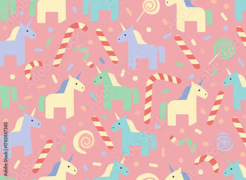 A seamless, colorful Mexican pinata pattern featuring cartoon pinatas and confetti, serving as a festive, cute background texture