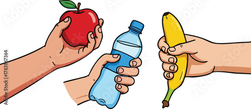 Hands holding healthy food items apple banana and water bottle for nutrition and wellness concept vector illustration 