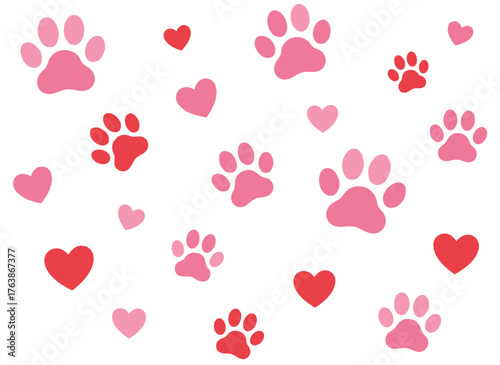 Valentine's Day greeting card featuring hearts, paw prints, and a cat’s vector foot trail, celebrating love for dogs, cats, and puppies