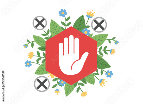 Illustration of a stop sign vector, depicting a prohibition gesture with no person, symbolizing warning, danger, and safety caution; featuring a palm stop hand sign as a gesture of resistance
