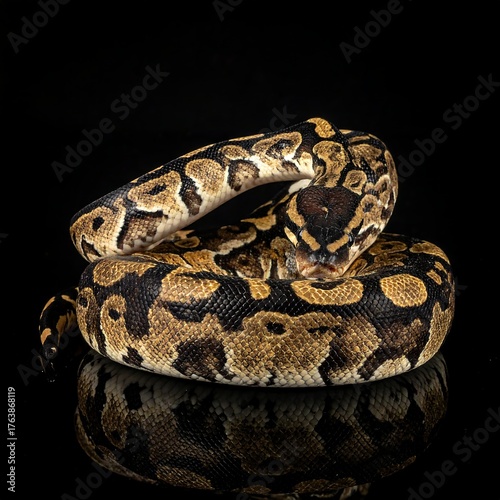 Ball python coiled, patterned skin, and dark reflective surface