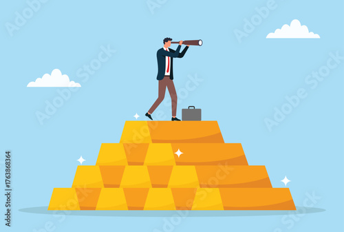Vector illustration of a businessman standing on stacked gold bars, using a telescope to look ahead, symbolizing vision, investment, financial success, leadership, and future business growth
