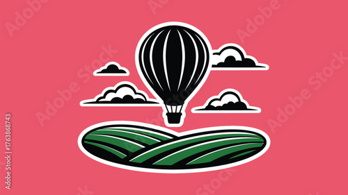 Dreamy hot air balloon soars over vibrant green fields against a pastel sky, creating a sense of adventure and wanderlust travel destination
