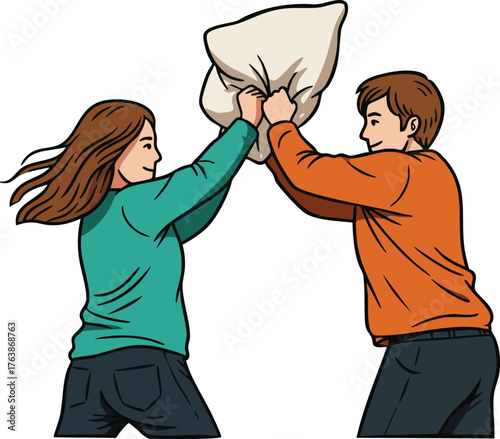 Pillow fight between young woman and man with casual clothes playful friendly interaction vector illustration 