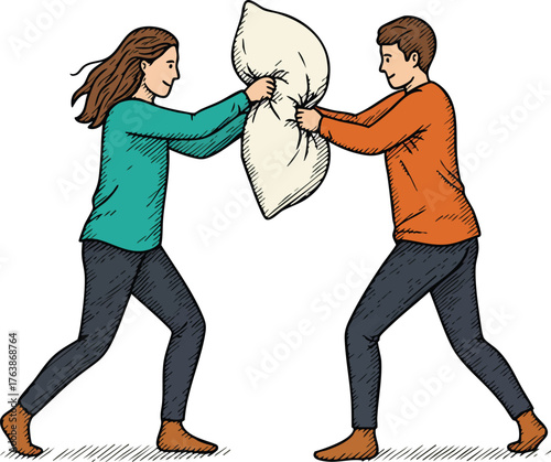 Children having playful pillow fight with casual clothing in fun activity vector illustration 