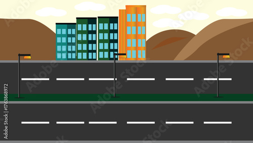 City street scene, Flat vector urban street with multi-lane road, grassy median, streetlights, and city buildings under a cloudy sky. Modern style background.