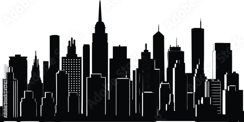 A striking black silhouette of a dense city skyline with diverse skyscraper architecture against a white background silhouette