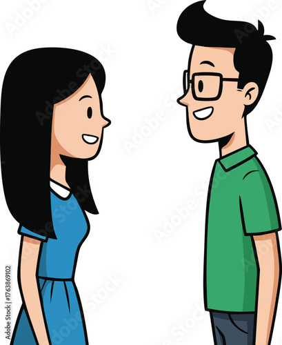 Young man and woman facing each other smiling in casual clothes vector illustration for social interaction and communication concepts