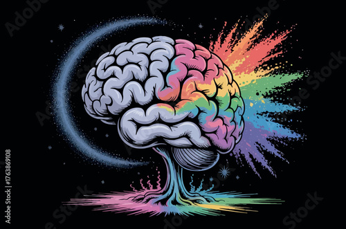 This striking illustration features a human brain, with its left hemisphere in shades of grey and the right hemisphere exploding with a vibrant rainbow of colors and stardust. 