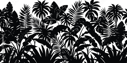 Dense jungle foliage and tropical plants depicted in a striking black silhouette against a white background silhouette