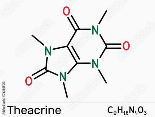 Theacrine molecule. Nutraceutical stimulant and nootropic for energy, focus and sports performance. Vector illustration