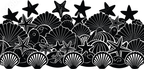 A dense collection of various seashells and starfish in a bold black and white silhouette against a white background perfect for coastal designs