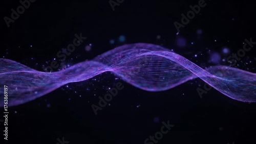 Abstract Violet Mesh Wave in Dark Space - A flowing, abstract mesh wave composed of violet and cyan particles moves gracefully against a dark background.