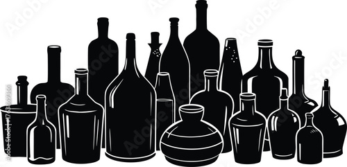 Collection of various dark glass bottles arranged in a still life silhouette against a white background showcasing diverse shapes and sizes