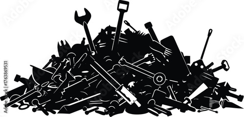 A chaotic pile of various tools and metal objects rendered in a stark black silhouette against a white background