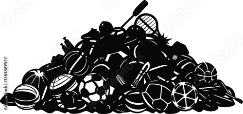 Large pile of various sports balls and equipment in a striking black silhouette illustration