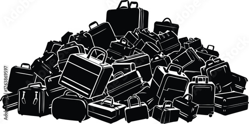 Large pile of various suitcases and luggage in a black and white silhouette style