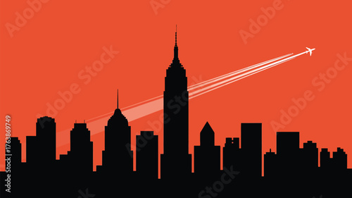 Modern cityscape silhouette with airplane trail against vibrant orange sky, perfect for travel blogs or urban development marketing campaigns