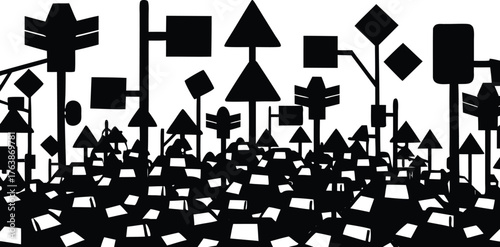 A dense forest of nautical signal flags and maritime markers in a stark black and white silhouette style