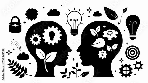 Two silhouetted heads facing each other with gears lightbulbs and nature elements