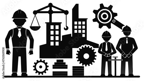 Industrial scene with engineers factory crane gears and building materials