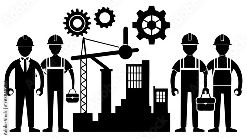Construction workers and industrial elements in a silhouette style