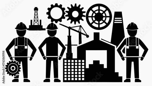 Industrial workers and factory elements in a black and white silhouette graphic