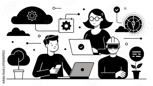 Diverse team collaborating on technology projects with cloud computing and data analytics elements