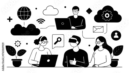 Diverse team collaborating on technology and virtual reality projects in a modern office setting