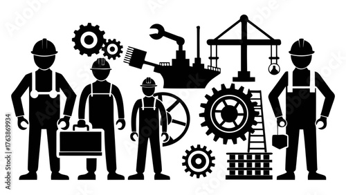 Silhouettes of construction workers industrial machinery and building elements on a white background