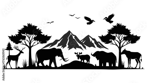 Diverse wildlife silhouette scene with mountains trees and birds in black and white