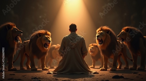 A dramatic biblical scene of Daniel standing calmly among lions inside a dimly lit ancient den