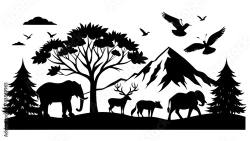 Black silhouette of a diverse wildlife scene with elephants deer birds and mountains